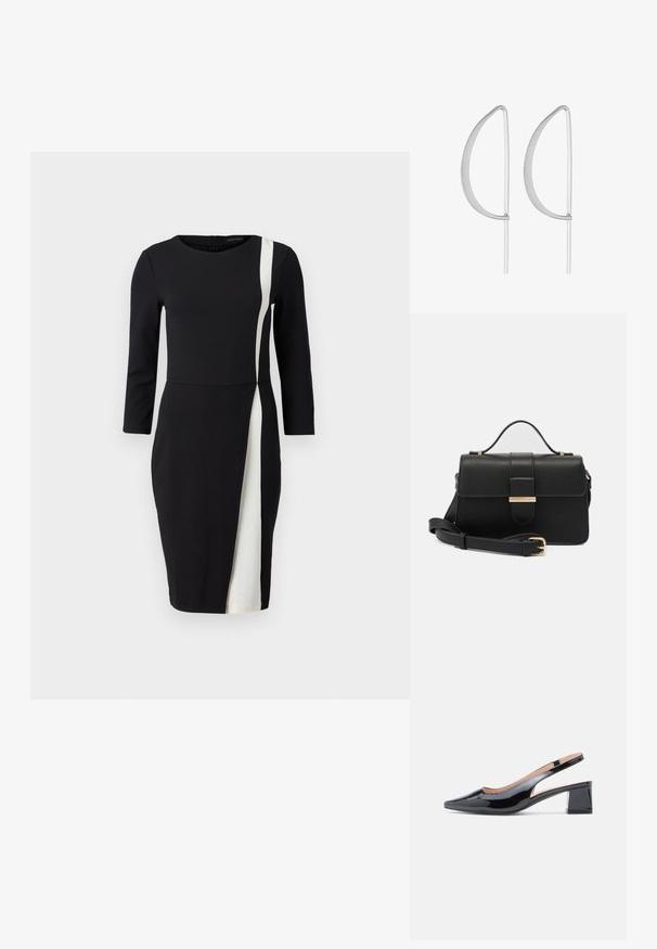 Zwarte jurk met driekwartmouwen, voorzien van een witte diagonale streep. Gemaakt van gladde stof, met een aansluitende taille en een knielange snit.; Zwarte lakleren slingback pumps met een spits toelopende neus en een stevige blokhak, met een uitgesneden detail aan de zijkanten.; Zwarte leren handtas met gouden metalen accenten, rechthoekige vorm, flapsluiting, verstelbare schouderriem, soepele textuur, minimalistisch design.; Zilveren metalen oorbellen met een minimalistisch gebogen ontwerp, met uitgerekte, open druppelvormen en een matte afwerking.