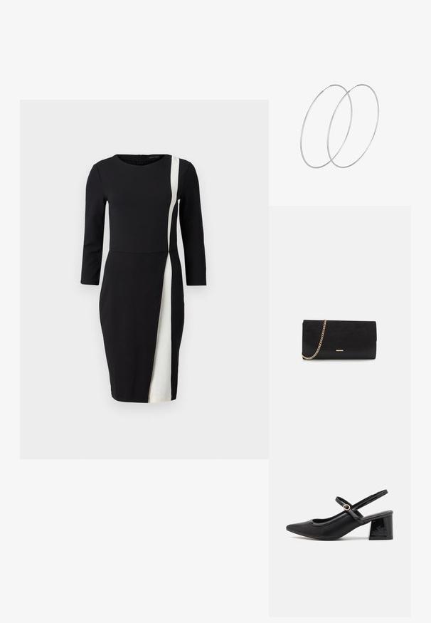 Zwarte jurk met driekwartmouwen, voorzien van een witte diagonale streep. Gemaakt van gladde stof, met een aansluitende taille en een knielange snit.; Zwarte gepolijste leren slingback hakken met een spitse neus, een ronde uitsnede en een blokhak. Voorzien van een gouden gespaccent.; Zwarte clutch tas gemaakt van suede met een textuurafwerking, voorzien van een gouden schouderband en een strakke, hoekige vorm.; Zilveren hoepel oorbellen met een minimalistisch ontwerp. Cirkelvormig, gladde textuur en dun profiel. Lichtgewicht met een gepolijste afwerking.