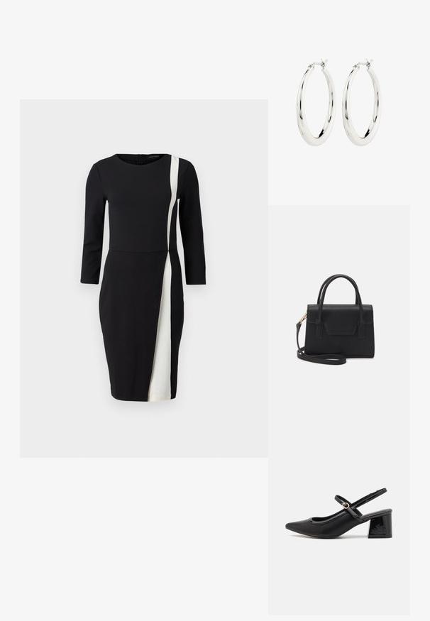 Sort kjole med trekvartærmer, der har en hvid diagonalt stribe. Fremstillet af glat stof, tætsiddende talje og knælangt design.; Sorte patentlæder slingback hæle med spids tå, rund udskæring og blokhæl. Har en guldtonet spændeaccents.; Sort struktureret håndtaske lavet af læder med et topgreb, aftagelig skulderrem og detalje med frontklap. Guldhardware accenter.; Sølvøreringe i form af hoops med en glat, blank finish. Cirkulær form, der har en sikker lås. Simpelt og elegant design.