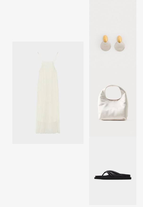 Robe longue blanche sans manches avec fines bretelles et jupe fluide plissée sur fond uni.; Sandale plate noire avec bride croisée rembourrée et entre-doigt, design minimaliste sur fond gris clair uni.; Sac à main blanc doux avec une poignée rectangulaire arrondie et une texture souple et lisse sur un fond clair.; Boucles d'oreilles en métal doré et argenté avec une base en disque rond et une pièce supérieure ovale, texture lisse et finition polie.