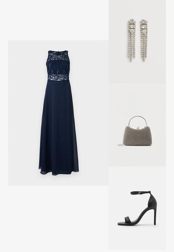 Robe de soirée bleu marine avec un corsage en dentelle ornée de sequins, sans manches, et une jupe fluide avec un détail de fente haute.; Sandale noire à talons hauts au design épuré, avec une bride au niveau de la cheville, un bout ouvert et une texture en cuir lisse.; Petit sac à main avec motif à carreaux argenté, poignée incurvée, grande fermeture à perle et une fine bandoulière en chaîne argentée sur un fond uni.; Boucles d'oreilles pendantes en argent avec trois grands cristaux carrés en haut et trois filaments de petits cristaux ronds suspendus en dessous.