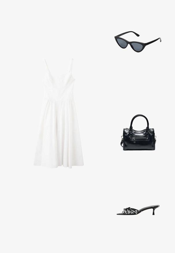 Robe blanche sans manches avec un décolleté carré et une taille froncée, dotée d'une jupe fluide mi-longue.; Mule noire à bout ouvert avec fines brides, détail nœud, petit talon kitten et motif à pois blancs sur les brides et la semelle.; Lunettes de soleil noires en forme d'œil de chat avec des verres gris foncé, monture en plastique élégante, coins pointus et branches droites. Pas de métal visible ni d'accents.; Sac à main en cuir noir brillant avec deux poignées, poche avant zippée et bandoulière amovible sur fond blanc.