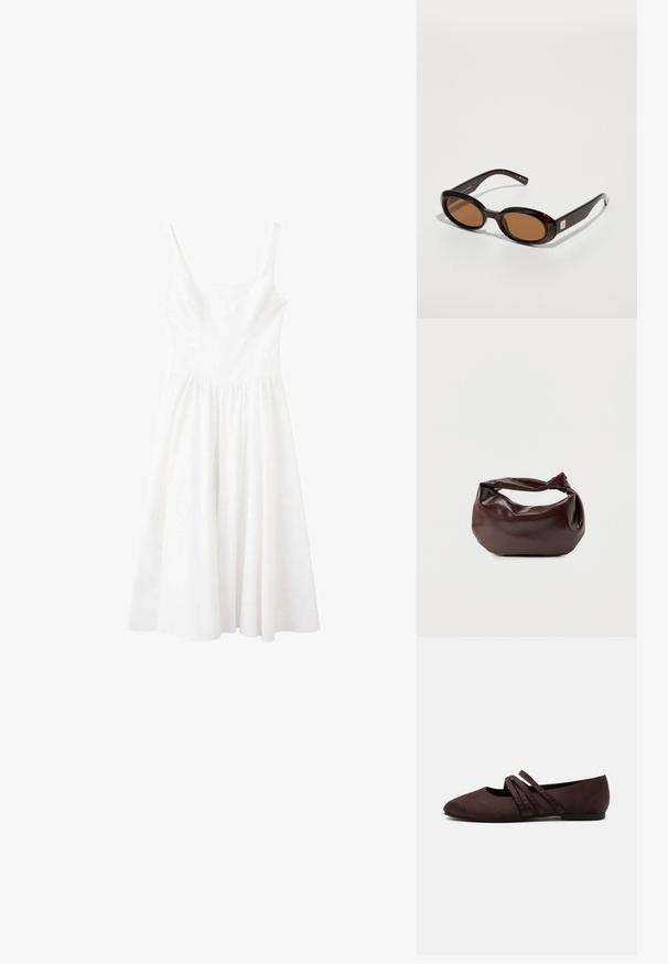 Robe blanche sans manches avec un décolleté carré et une taille froncée, dotée d'une jupe fluide mi-longue.; Chaussure plate marron avec un bout pointu et deux fines brides croisées sur le cou-de-pied, détails de couture visibles et petit talon.; Lunettes de soleil écaille de tortue marron avec des verres ovales, dotées d'une fine monture et d'un petit accent métallique sur le côté. Fini texturé et poli.; Sac bandoulière en cuir marron foncé avec une forme souple et décontractée et une anse nouée torsadée sur un fond blanc uni.