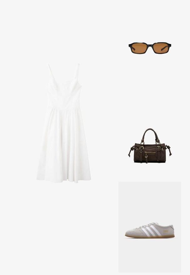 Robe blanche sans manches avec un décolleté carré et une taille froncée, dotée d'une jupe fluide mi-longue.; Baskets en daim gris avec des rayures en cuir blanc et un logo doré. Semelle en gomme plate, bout rond et design classique à lacets.; Lunettes de soleil rectangulaires noires avec des montures épaisses et des verres teintés marron, vues de face sur un fond blanc.; Sac à main en cuir marron foncé avec double poignée, poche avant zippée, boucles décoratives et nœuds latéraux sur fond blanc.