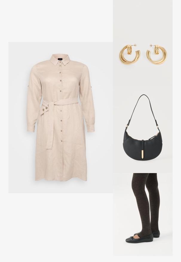 Licht beige overhemdjurk van linnen, met een kraag, lange mouwen, knoopsluiting aan de voorkant en een gestrikte riem om de taille.; Benen met donkere geribbelde leggings gecombineerd met zwarte ballerina's met kleine strikdetails op een witte achtergrond.; Zwarte handtas in halve maanvorm met een enkele band, gouden rits en een gouden rechthoekige decoratieve tab aan de voorkant.; Set glanzende gouden dubbele lus oorbellen met stekertjes op een witte achtergrond.
