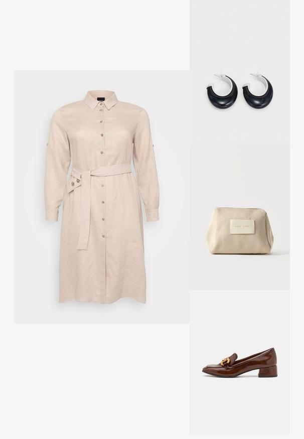 Lys beige skjortekjole lavet af linned, med krave, lange ærmer, frontlukning med knapper og et bundet bælte i taljen.; Brune læder loafers med en blank finish, der har en dekorerende guld spænde foran og en lav blokhæl. Klassisk design.; Beige ribbet stofpose med lynlås i toppen og rektangulært mærke med prægede bogstaver foran, sat mod en ensfarvet hvid baggrund.; Sorte harpiks hoops øreringe med en skinnende overflade og silvertone hardware detaljer. Cirkulær form med en udskæring og stift-bagside lukning.
