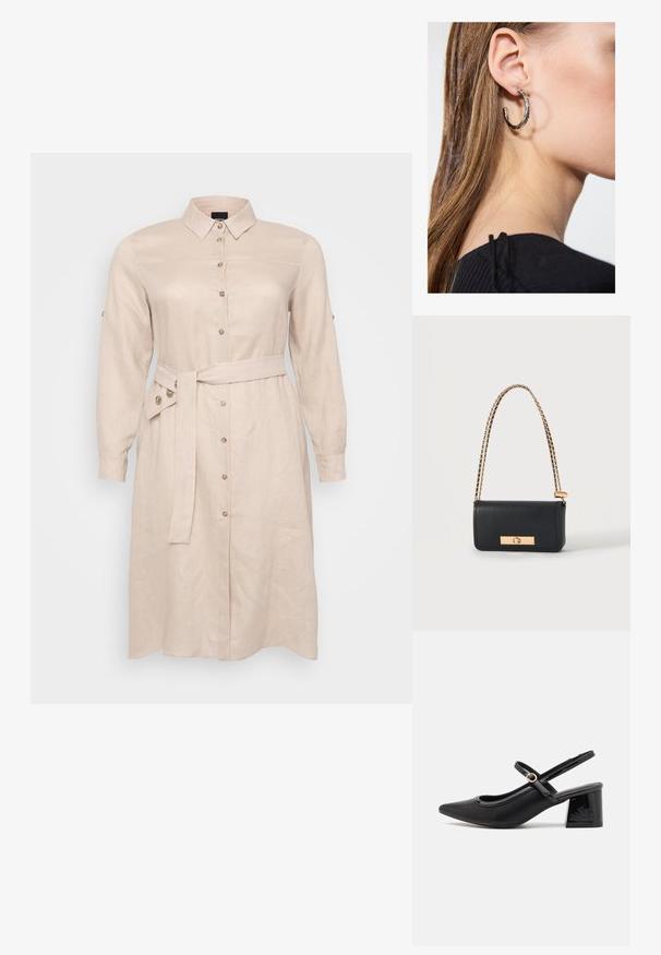 Helles beiges Hemdblusenkleid aus Leinen, mit Kragen, langen Ärmeln, durchgehender Knopfleiste und einem gebundenen Gürtel in der Taille.; Schwarze Lackleder-Slingback-Absätze mit spitzer Zehenform, einem runden Ausschnitt-Design und einem Blockabsatz. Mit einem goldfarbenen Schnallenakzent.; Schwarze rechteckige Lederhandtasche mit goldenem Kettenriemen und goldenem rechteckigem Verschluss vorne.; Silberne Creolen mit polierter Oberfläche, die kleine goldene Akzentdetails und eine runde Form aufweisen, am Ohrläppchen getragen.