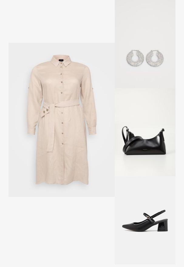 Lys beige skjortekjole lavet af linned, med krave, lange ærmer, frontlukning med knapper og et bundet bælte i taljen.; Sorte patentlæder slingback hæle med spids tå, rund udskæring og blokhæl. Har en guldtonet spændeaccents.; Sort læderhåndtaske med en glat tekstur. Har en justerbar stropp og et enkelt, minimalistisk design med lynlås.; Sølvøreringe med flere klare krystaludsmykninger, med en struktureret overflade og et åbent rundt design.