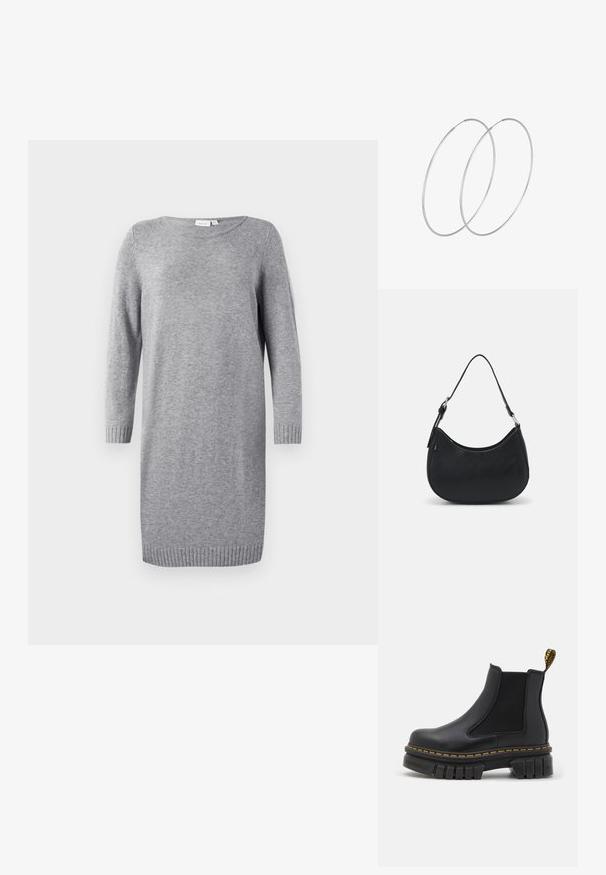Grau gestricktes Kleid mit rundem Ausschnitt, langen Ärmeln und gerippten Bündchen. Weiche Textur, knielanges Design, minimalistischer Stil.; Schwarze Chelsea-Ankle-Boots aus Leder und Elastik. Sie verfügen über eine robuste Gummisohle, gelbe Nähte und eine Zugschlaufe an der Rückseite.; Schwarze Hobo-Tasche aus glattem Leder mit einer geschwungenen Silhouette, ausgestattet mit einem einzelnen verstellbaren Trageriemen und minimalistischem Design.; Silberne Creolen mit minimalistischem Design. Rundform, glatte Oberfläche und dünnes Profil. Leichtgewichtig mit hochglänzender Oberfläche.