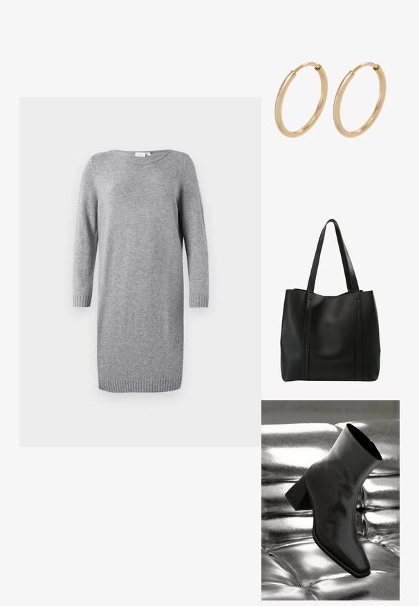 Sivý pletený šaty s okrúhlym výstrihom, dlhými rukávmi a rebrovanými manžetami. Mäkká textúra, dĺžka po kolená, minimalisticý štýl.; Čierne členkové topánky vyrobené z lesklého materiálu so štvorcovou špičkou a zúženým podpätkom, na lesklom striebornom podklade s vystuženým vzorom.; Čierna kožená taška cez rameno s dvoma dlhými uchami, minimalistický dizajn, hladký povrch a vertikálne švy na prednej strane.; Zlaté kruhové náušnice s hladkým, lešteným povrchom. Zaoblený tvar, stredná veľkosť, vybavené bezpečným uzatváracím mechanizmom.