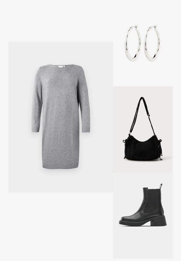 Grau gestricktes Kleid mit rundem Ausschnitt, langen Ärmeln und gerippten Bündchen. Weiche Textur, knielanges Design, minimalistischer Stil.; Schwarze Leder-Stiefeletten mit elastischen Seitenpanelen, abgerundetem Zehenbereich und einem klobigen Blockabsatz. Glatte Textur mit einem minimalistischen Design.; Schwarze Cordtasche mit geschwungener Form, verstellbarem Schultergurt und Kordelzugverschlüssen an beiden Seiten zur Größenanpassung.; Silberne Creolen mit einer glatten, glänzenden Oberfläche. Kreisform, ausgestattet mit einem sicheren Verschluss. Einfaches und elegantes Design.