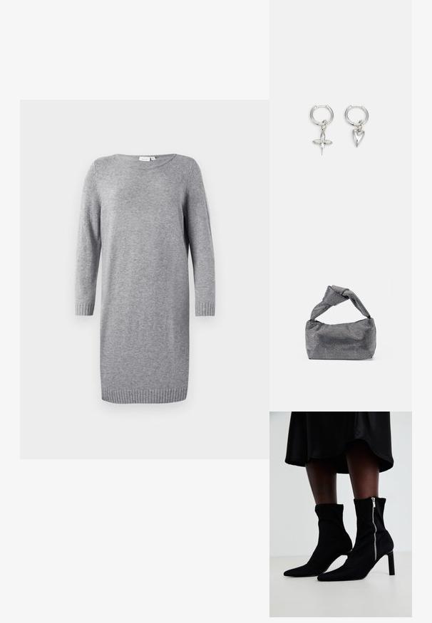 Grau gestricktes Kleid mit rundem Ausschnitt, langen Ärmeln und gerippten Bündchen. Weiche Textur, knielanges Design, minimalistischer Stil.; Schwarze Ankle-Boots mit einem dehnbaren Stoff-Oberteil, spitzem Zehenbereich und seitlichem Reißverschluss, auf einem schlanken, hohen Absatz.; Schwarz-silberne Handtasche mit einer strukturierten Oberfläche, die ein Diamantmuster aufweist, einem geknoteten Griff und einer strukturierten Form.; Silberne Creolen mit einem Kreuz- und Herz-Anhänger. Glatte, glänzende Textur mit polierter Oberfläche. Jeder Anhänger hängt an einem sicheren Ring.