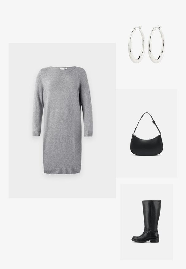Grau gestricktes Kleid mit rundem Ausschnitt, langen Ärmeln und gerippten Bündchen. Weiche Textur, knielanges Design, minimalistischer Stil.; Hoher schwarzer Lederstiefel mit niedrigem Blockabsatz und abgerundeter Spitze, glattes Obermaterial mit minimaler Naht auf einfarbigem Hintergrund.; Pieces PCALUANA SHOULDER BAG - Handtasche - black; Silberne Creolen mit einer glatten, glänzenden Oberfläche. Kreisform, ausgestattet mit einem sicheren Verschluss. Einfaches und elegantes Design.