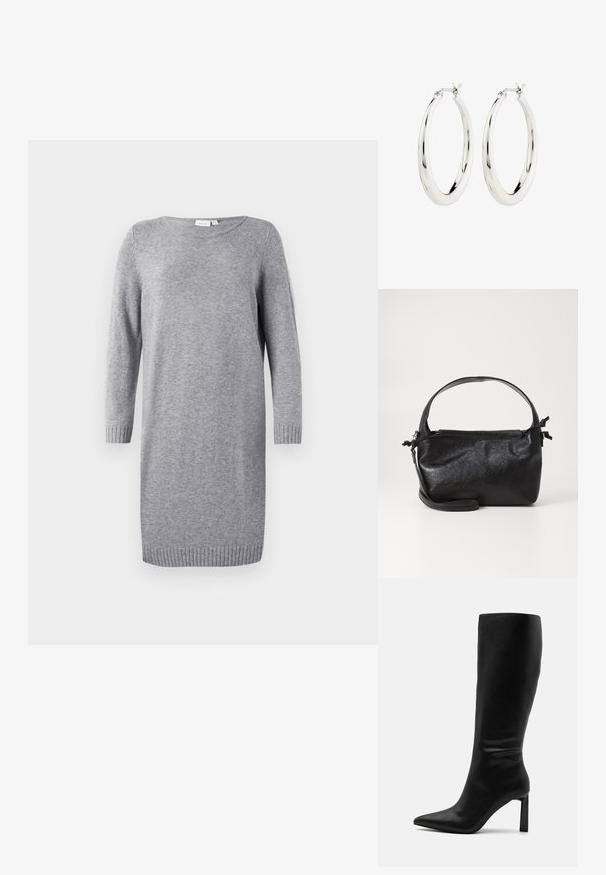 Grau gestricktes Kleid mit rundem Ausschnitt, langen Ärmeln und gerippten Bündchen. Weiche Textur, knielanges Design, minimalistischer Stil.; Even&Odd by Zalando Stiefel - black; Schwarze Lederhandtasche mit strukturiertem Design, rundem Haltegriff und abnehmbarem Schulterriemen. Sie weist eine glatte Oberfläche und einen subtilen Glanz auf.; Silberne Creolen mit einer glatten, glänzenden Oberfläche. Kreisform, ausgestattet mit einem sicheren Verschluss. Einfaches und elegantes Design.