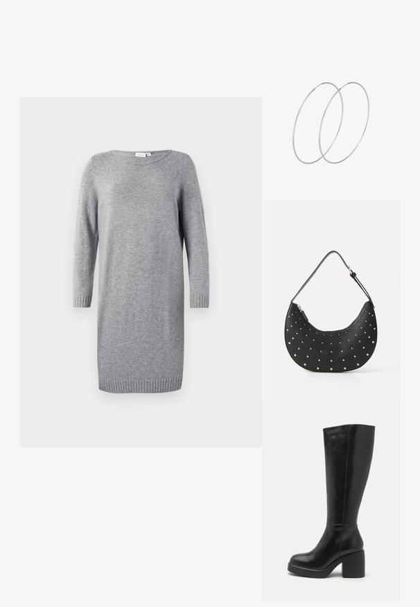 Grijze gebreide jurk met een ronde halslijn, lange mouwen en geribde manchetten. Zachte textuur, knielange pasvorm, minimalistische stijl.; Zign by Zalando LEATHER - Laarzen met hoge hak - black; Zwarte leren handtas met een gebogen vorm, versierd met zilveren studs, voorzien van een ritssluiting en een enkele verstelbare schouderband.; Zilveren hoepel oorbellen met een minimalistisch ontwerp. Cirkelvormig, gladde textuur en dun profiel. Lichtgewicht met een gepolijste afwerking.
