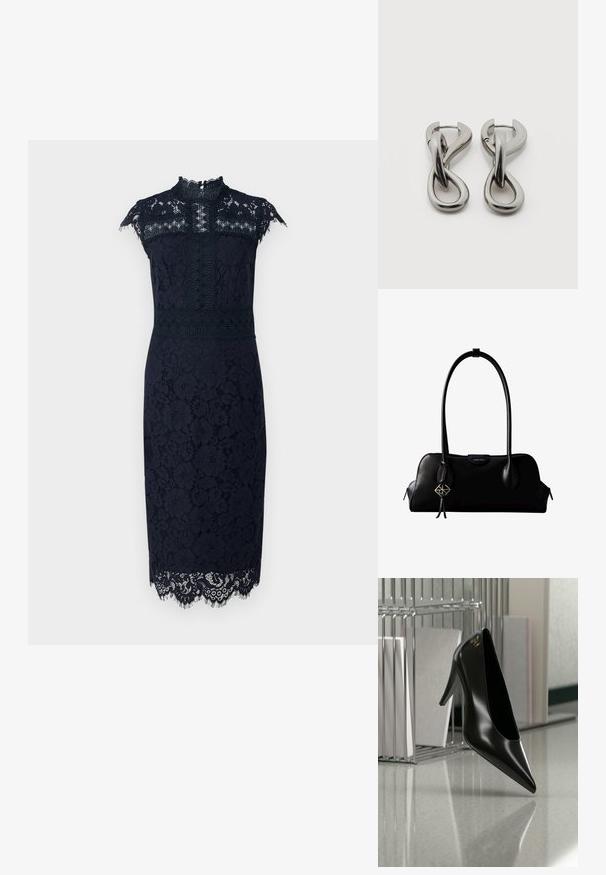 Tumes lace-kleid kõrge kaelusega, lühikeste varrukatega, lillemustriliste detailide ja õrna pitsiga ääres. Omab kehaümberpööravad siluetti.; Mustad kontsakinga ümarate varvaste ja kuldse logoga, asetatud peegeldavale pinnale kroomist traadist dokumendihoidja lähedal.; Must nahast Calvin Kleini käekott pikkade sangadega, esiküljel logoga silt ja ühe sangast ripub hõbedane geomeetriline ripats.; Hõbedatoonides metallist kõrvarõngad abstraktse üksteisega põimunud aasade disainiga valgel taustal.