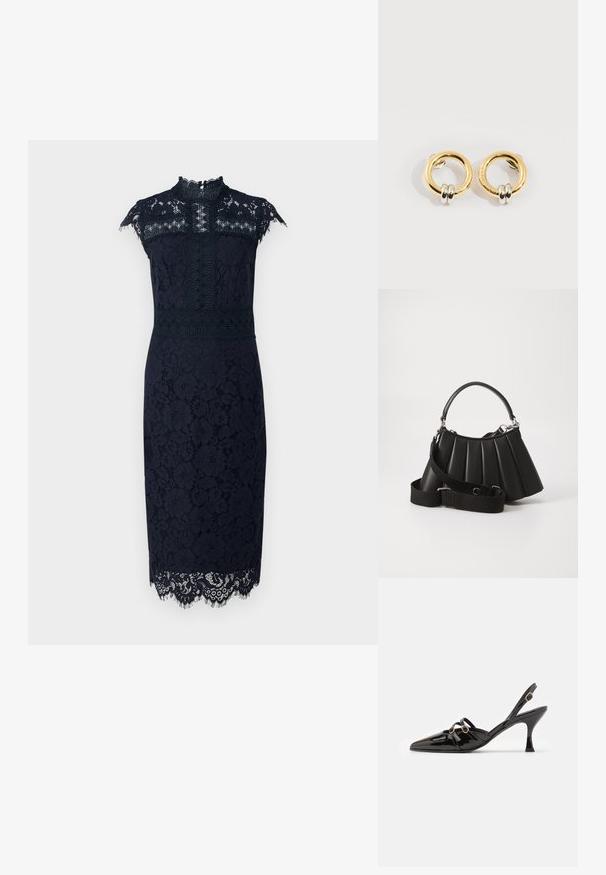 Tumes lace-kleid kõrge kaelusega, lühikeste varrukatega, lillemustriliste detailide ja õrna pitsiga ääres. Omab kehaümberpööravad siluetti.; ALOHAS JOELLE ONIX - Klassikalised kontsakingad - black; Mustmust kott mustris, millel on ümmargune käepide, reguleeritav rihm ja läikiv tekstuur. Omab hõbedast riistvara ja struktureeritud siluetti.; Kuldsetest ümmargustest kõrvarõngastest, millel on kaks väikesest hõbedast rõngast, näidates õrnu graveeritud brändi nime detaile, valgel taustal.