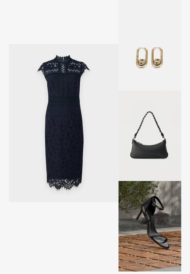 Ein marineblaues Spitzenkleid mit hohem Ausschnitt, kurzen Ärmeln, floralen Mustern und zarten Spitzenrand am Saum. Es besitzt eine figurnahen Silhouette.; Schwarze Sandalette mit hohem Absatz und Knöchelriemen schwebt über einem Holzboden im Freien vor verschwommenem Grün und Steinhintergrund.; Schwarze Lederschultertasche mit gewölbter rechteckiger Form, goldener Kette, die in den geflochtenen schwarzen Riemen eingewebt ist, und Reißverschlussverschluss oben.; BOSS DOUBLE B SWING - Ohrringe - gold-coloured