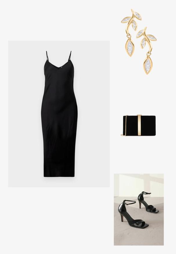 Robe midi noire sans manches avec de fines bretelles spaghetti et un décolleté en V, présentée sur un fond blanc uni.; Next REGULAR FIT - SIGNATURE - Sandales à talons hauts - black; Pochette en velours noir avec un accent en métal doré au centre, dotée d'une chaîne et d'une forme rectangulaire élégante.; DIAMANT L'ÉTERNEL Boucles d'oreilles - gold coloured