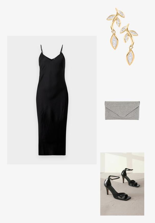 Schwarzes ärmelloses Midikleid mit dünnen Spaghetti-Trägern und V-Ausschnitt, präsentiert auf einem schlichten weißen Hintergrund.; Next REGULAR FIT - SIGNATURE - High Heel Sandalette - black; Silberne Clutch mit strukturierter, genoppter Oberfläche. Verfügt über ein Umschlagdesign mit schrägem Klappenverschluss und kontrastierendem schwarzen Rand.; DIAMANT L'ÉTERNEL Ohrringe - gold coloured