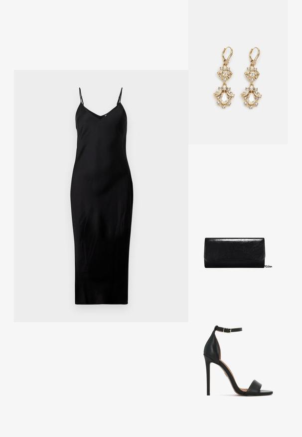 Vestido midi negro sin mangas con finos tirantes tipo espagueti y escote en V, exhibido sobre un fondo blanco liso.; Sandalia de tacón alto de piel negra con una estrecha correa en el tobillo, diseño de punta abierta y tacón de aguja elegante. Textura lisa con acentos mínimos.; Clutch de cuero negro con una textura suave, forma rectangular y detalles con borde en la parte delantera. Incluye una correa de cadena desmontable.; Pendientes colgantes en tono dorado con un diseño de racimo que incluye cristales claros en forma redonda y de lágrima, mostrando un detallado intrincado.