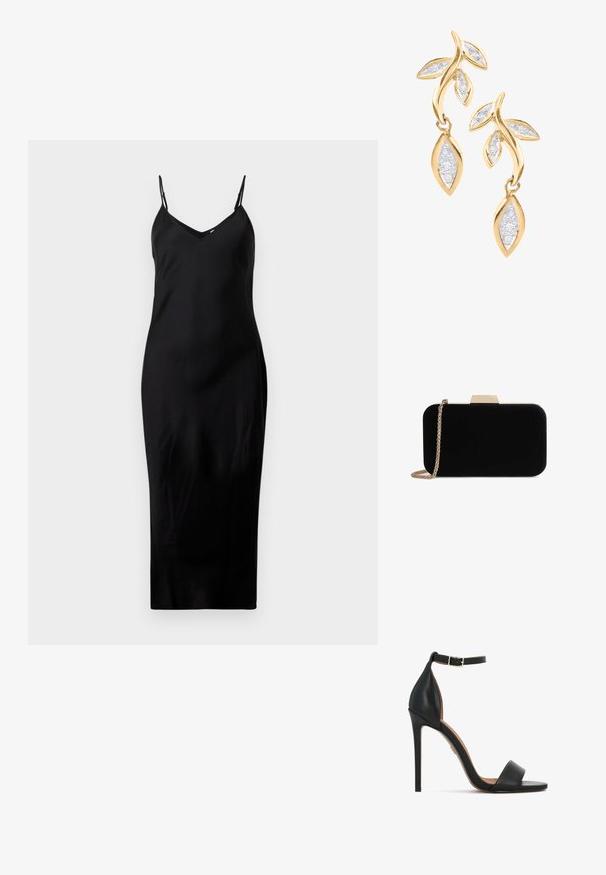 Schwarzes ärmelloses Midikleid mit dünnen Spaghetti-Trägern und V-Ausschnitt, präsentiert auf einem schlichten weißen Hintergrund.; Schwarzer Leder-Sandalette mit hohem Absatz, schmalem Knöchelriemen, offenem Zehendesign und elegantem Stiletto-Absatz. Glatte Textur mit minimalen Akzenten.; Schwarze Samt-Clutch mit goldfarbener Hardware, rechteckiger Form und Kettenriemen, mit glatter Textur und ohne sichtbare Muster.; DIAMANT L'ÉTERNEL Ohrringe - gold coloured