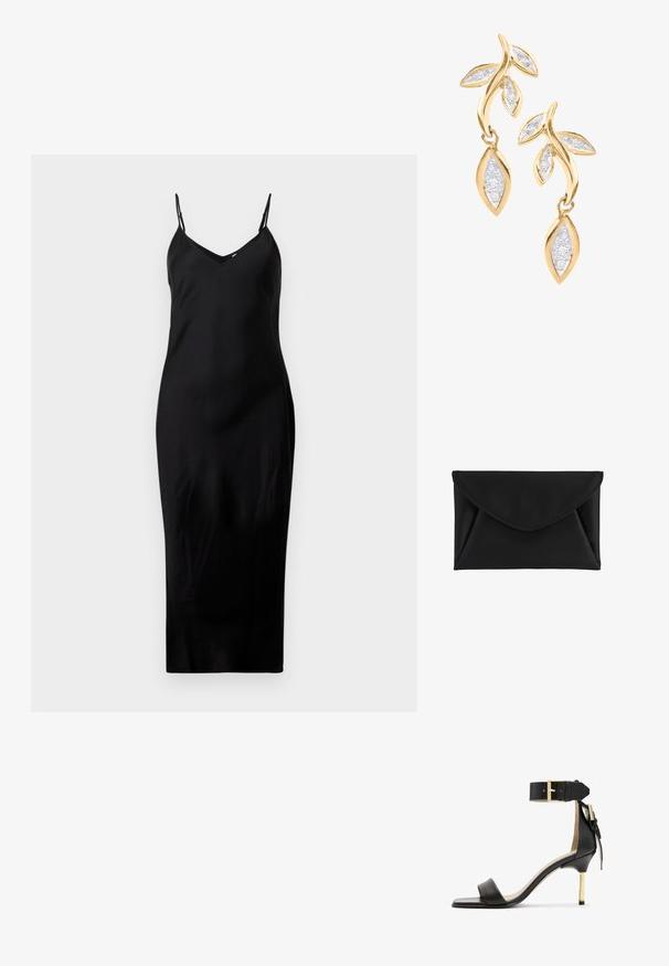 Schwarzes ärmelloses Midikleid mit dünnen Spaghetti-Trägern und V-Ausschnitt, präsentiert auf einem schlichten weißen Hintergrund.; Schwarze Leder-Absatzsandale mit quadrater Zehenform, Fesselriemen mit einer goldenen Schnalle und einem schlanken, metallischen Absatz. Glatte Textur, minimalistisches Design.; Schwarze Clutch im Umschlagstil mit spitz zulaufender Klappe und sichtbarer Naht auf weißem Hintergrund.; DIAMANT L'ÉTERNEL Ohrringe - gold coloured