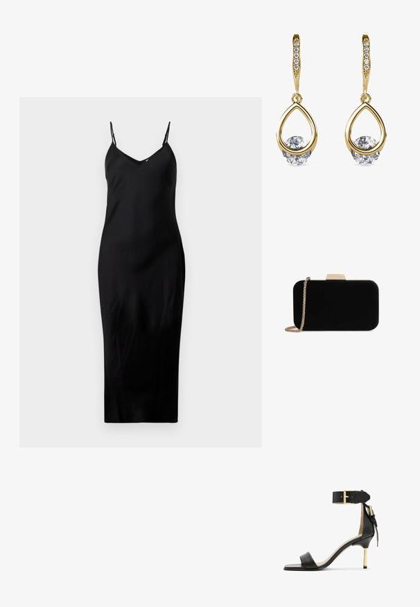Schwarzes ärmelloses Midikleid mit dünnen Spaghetti-Trägern und V-Ausschnitt, präsentiert auf einem schlichten weißen Hintergrund.; Schwarze Leder-Absatzsandale mit quadrater Zehenform, Fesselriemen mit einer goldenen Schnalle und einem schlanken, metallischen Absatz. Glatte Textur, minimalistisches Design.; Schwarze Samt-Clutch mit goldfarbener Hardware, rechteckiger Form und Kettenriemen, mit glatter Textur und ohne sichtbare Muster.; Goldene Tropfenohrringe mit runden, klaren Edelsteinen an der Basis. Texturierter Oberbereich mit kleinen, runden Akzenten entlang des Creolen.