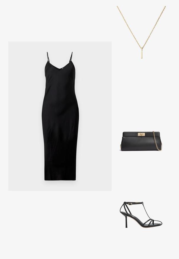 Schwarzes ärmelloses Midikleid mit dünnen Spaghetti-Trägern und V-Ausschnitt, präsentiert auf einem schlichten weißen Hintergrund.; Schwarze High-Heel-Sandale mit dünnen Riemen, Knöchelriemen und schlankem Absatz, von der Seite auf weißem Hintergrund gezeigt.; Schwarze Clutch aus Leder mit goldfarbenem Metall-Drehverschluss und passendem goldfarbenem Ketten-Schulterriemen.; Halskette in Goldoptik mit einer filigranen Kette und einem rechteckigen Anhänger mit glatter, polierter Oberfläche. Einfaches und minimalistisches Design.