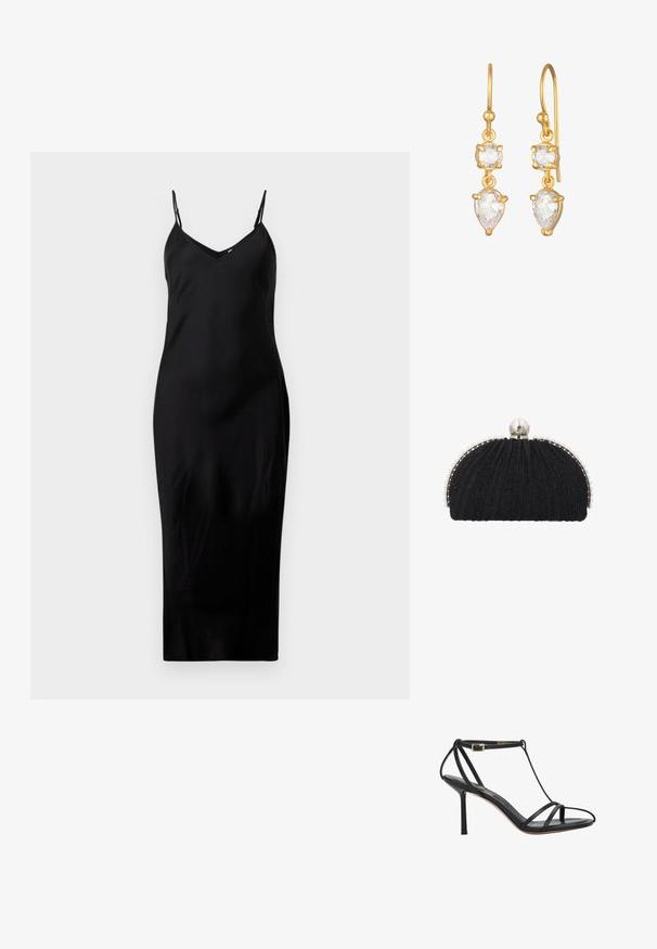 Robe midi noire sans manches avec de fines bretelles spaghetti et un décolleté en V, présentée sur un fond blanc uni.; Sandale noire à talons hauts avec fines brides, boucle à la cheville et talon fin, vue de profil sur fond blanc.; Pochette de soirée noire en tissu texturé, encadrée par une rangée de petites perles, avec un grand fermoir en perle sur le dessus.; Boucles d'oreilles en ton doré avec un cristal en forme de poire suspendu en dessous d'un plus petit cristal rond, tous deux montés dans un design à griffes.