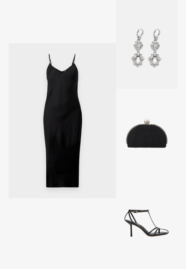 Schwarzes ärmelloses Midikleid mit dünnen Spaghetti-Trägern und V-Ausschnitt, präsentiert auf einem schlichten weißen Hintergrund.; Schwarze High-Heel-Sandale mit dünnen Riemen, Knöchelriemen und schlankem Absatz, von der Seite auf weißem Hintergrund gezeigt.; Schwarze Abend-Clutch mit strukturiertem Stoff, eingefasst von einer Reihe kleiner Perlen und einem großen Perlenverschluss oben.; Silberfarbene Ohrringe mit mehreren klaren Kristallgemmen in Tropfen- und Marquiseformen, mit Klappverschluss und kunstvollen Details.