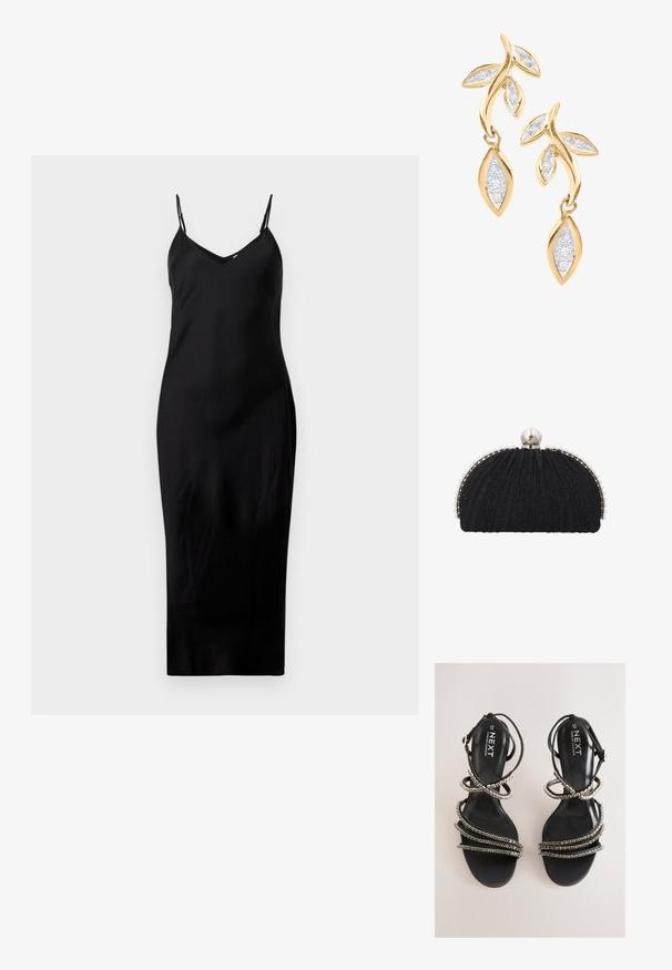 Schwarzes ärmelloses Midikleid mit dünnen Spaghetti-Trägern und V-Ausschnitt, präsentiert auf einem schlichten weißen Hintergrund.; Schwarze Riemchensandalen mit metallischen Akzenten. Sie verfügen über ein glatt strukturiertes Fußbett und mehrere verzierte Riemen, die ein geschichtetes Erscheinungsbild erzeugen.; Schwarze Abend-Clutch mit strukturiertem Stoff, eingefasst von einer Reihe kleiner Perlen und einem großen Perlenverschluss oben.; DIAMANT L'ÉTERNEL Ohrringe - gold coloured