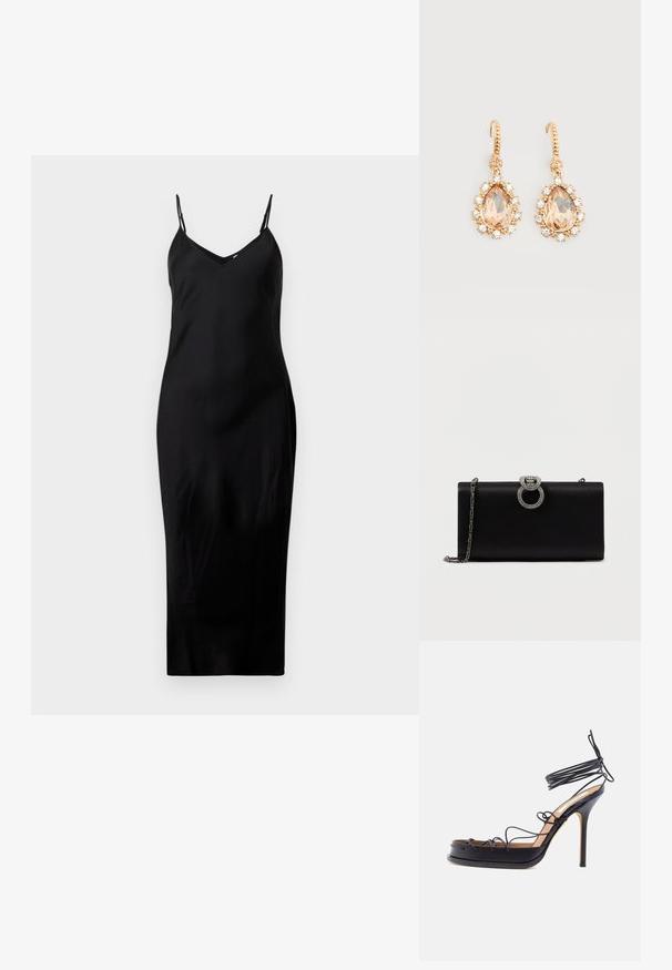 Vestido midi negro sin mangas con finos tirantes tipo espagueti y escote en V, exhibido sobre un fondo blanco liso.; Sandalia negra de tacón alto con finas tiras de cuero que envuelven el pie y el tobillo, con un tacón de aguja puntiagudo.; Bolso de mano de satén negro con un cierre circular en tono plateado adornado con strass, cuenta con una correa de cadena desmontable.; Pendientes de gancho dorados con grandes piedras en forma de lágrima color melocotón, rodeadas de pequeños cristales transparentes sobre un fondo blanco liso.