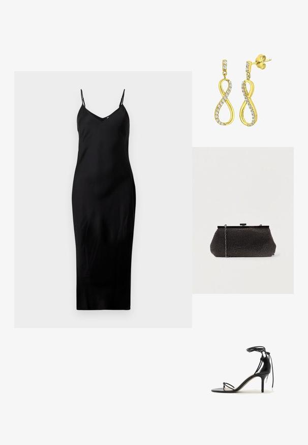 Schwarzes ärmelloses Midikleid mit dünnen Spaghetti-Trägern und V-Ausschnitt, präsentiert auf einem schlichten weißen Hintergrund.; Schwarze Sandalette mit dünnen Riemchen, Knöchelband und mittelhohem Stilettabsatz auf weißem Hintergrund.; Schwarze Mesh-Clutch mit strukturierter Silhouette, verziert mit kleinen metallic-nieten, besitzt einen Verschluss mit Klappe und einen abnehmbaren Kettenriemen.; Goldfarbene Ohrringe in Form eines stilisierten Unendlichkeitssymbols, verziert mit klaren, runden, geschliffenen Kristallen entlang der Kanten. Mit Steckverschluss.