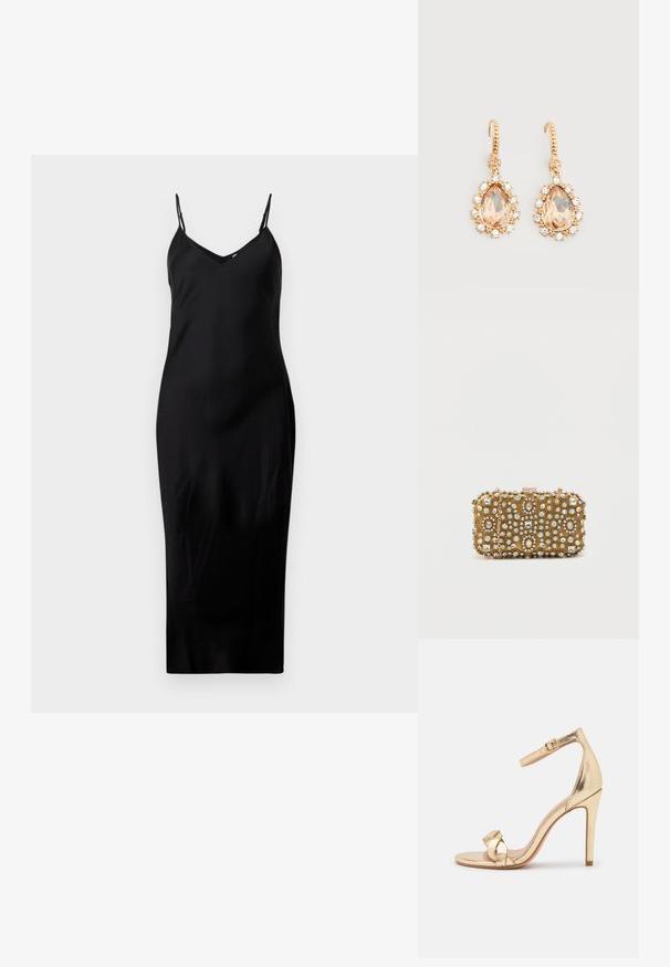 Mustat hihattomat midi-mekot ohuilla spagettiolkaimilla ja V-pääntiellä, esillä yksinkertaisella valkoisella taustalla.; Anna Field Korolliset sandaalit - gold; Kulta clutch, jossa on monimutkaisia helmi- ja timanttikoristeluja. Suorakulmainen muoto, lukitus ja irrotettava ketjuolkahihna.; Kultaiset koukkukorvakorut, joissa suuret pisaranmuotoiset persikanväriset kivet, joita ympäröivät pienet kirkkaat kristallit, valkoisella taustalla.