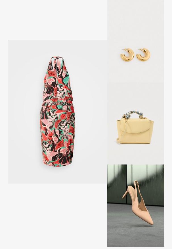 Robe dos nu avec une silhouette ajustée, présentant un motif floral coloré en rose, vert et noir sur un fond clair.; Chaussure à talon haut beige à bout pointu et bride arrière, suspendue au-dessus d'une surface grise texturée avec un fond vert flou.; Petit sac à main beige avec poignée supérieure enveloppée de tissu aux motifs bleus et crème, fermeture à rabat et bandoulière amovible sur fond blanc.; Boucles d'oreilles en or de forme anneau avec une finition lisse et brillante. Design en forme de C avec une surface polie. Comprend un clou pointu pour un maintien sécurisé.