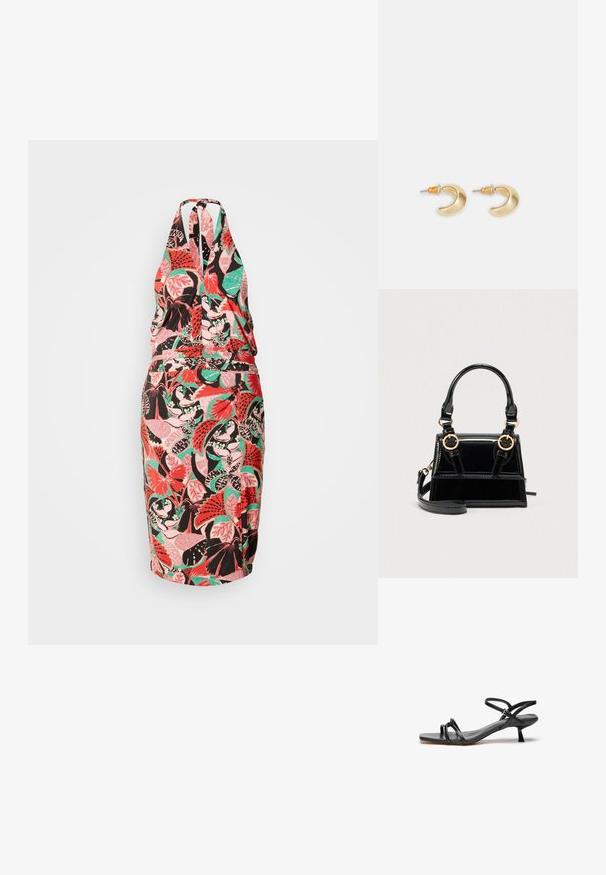 Robe dos nu avec une silhouette ajustée, présentant un motif floral coloré en rose, vert et noir sur un fond clair.; Sandale en cuir noir au design épuré et minimaliste. Dotée de deux fines lanières et d'un petit talon incliné. Texture lisse et bout ouvert.; Sac à main en cuir verni noir avec ferrures dorées, double poignées supérieures et une bandoulière ajustable. Design structuré avec coutures accentuées.; Boucles d'oreilles en forme de croissant en or avec une finition lisse, présentant des accents orange près du clou et un matériel en argent.