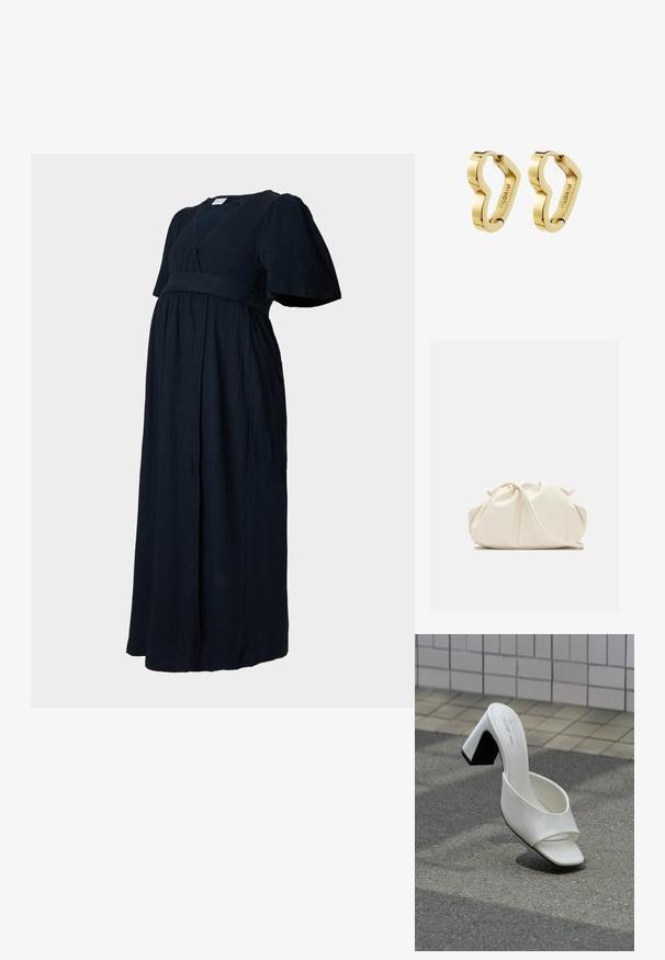 Mørk navy maxi kjole i en tekstureret stof, med v-hals, puff-sleeves og en samlet talje for en løs pasform.; Enkelt hvid åben tå mule med blokhæl står på grå asfalt mod en flisebelagt væg.; Blød, cremefarvet læder clutch taske med samlet, rynket design og en tynd skulderrem, der hviler foran på en ensfarvet baggrund.; Par polerede guldfarvede hoop-øreringe med ujævn bølget form, graveret med "PILGRIM" på indersiden.