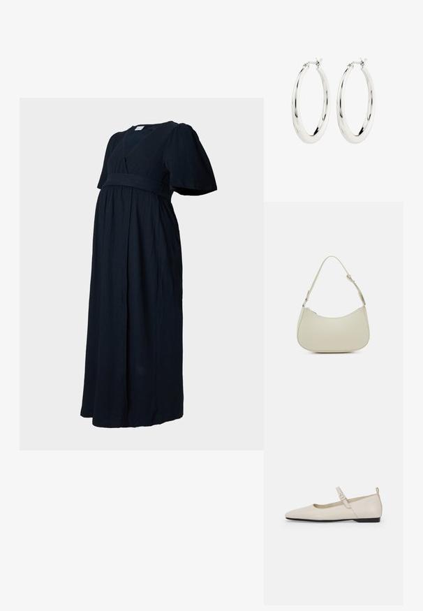 Mørk navy maxi kjole i en tekstureret stof, med v-hals, puff-sleeves og en samlet talje for en løs pasform.; Hvide ballerinasko i læder med spids tå, ankelsnor og lav sort hæl. Glat tekstur med minimale detaljer.; Pieces PCALUANA SHOULDER BAG - Håndtasker - birch; Sølvøreringe i form af hoops med en glat, blank finish. Cirkulær form, der har en sikker lås. Simpelt og elegant design.