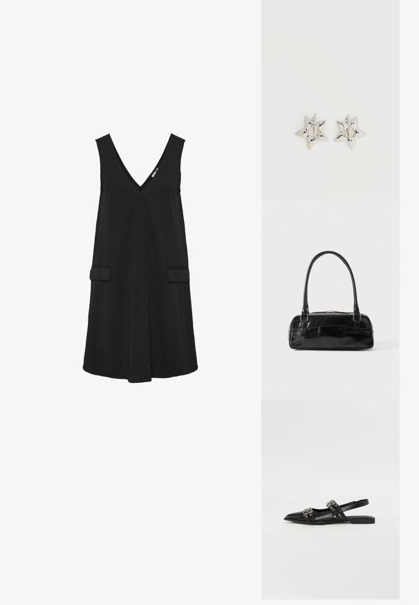 Schwarzes, ärmelloses V-Ausschnittkleid mit vorderen Klappentaschen und A-Linien-Silhouette.; Even&Odd Sling-Ballerina - black; Schwarze Lederhandtasche in rechteckiger Form, mit einem stabilen Griff, silbernem Zubehör und Reißverschluss. Glatte Textur.; Silberne, sternförmige Creolen mit einer glatten, polierten Oberfläche auf weißem, schlichtem Hintergrund.