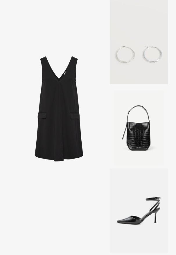 Vestido negro sin mangas con escote en V, bolsillos delanteros de solapa y silueta en A.; Zapato de tacón alto negro de punta fina con delgadas correas en el tobillo y cierre de hebilla plateada sobre un fondo liso claro.; Bolso tipo saco de piel negra con relieve de cocodrilo, con una sola correa para el hombro y un pequeño logo de la marca en plata en el centro inferior frontal.; Pendientes de aro de metal plateado con superficie lisa y ligeramente curvada y cierre de tipo mosquetón sobre un fondo blanco liso.