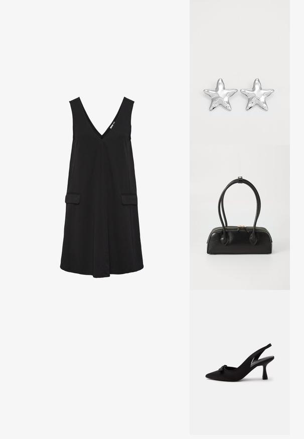 Schwarzes, ärmelloses V-Ausschnittkleid mit vorderen Klappentaschen und A-Linien-Silhouette.; Schwarzer Slingback-Pumps mit spitzer Kappe, kleinem Schleifendetail vorne und schmalem Absatz, vor weißem Hintergrund gezeigt.; Schwarze Lederhandtasche mit zwei verlängerten Griffen, Reißverschluss und runder Form; glatte Textur mit subtiler glänzender Oberfläche.; Silberne sternförmige Ohrringe mit einer polierten, glänzenden Oberfläche. Jeder Ohrring hat fünf Spitzen und dezente Oberflächentexturdetails.