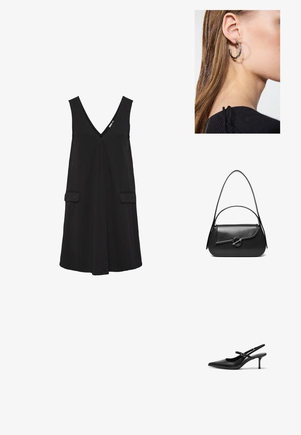 Zwarte mouwloze V-hals jurk met voorflappen en A-lijn silhouet.; Zwarte leren slingback hakken met een puntige neus, slanke verstelbare band en een ongeveer 5 cm hoge stiletto hak, met een gladde textuur.; Zwarte leren schoudertas met een gebogen klep die is bevestigd met een ronde metalen sluiting en een smalle, verstelbare band.; Zilveren oorbel met een gepolijste afwerking, met kleine gouden accentdetails en een ronde vorm, gedragen op de oorlel.
