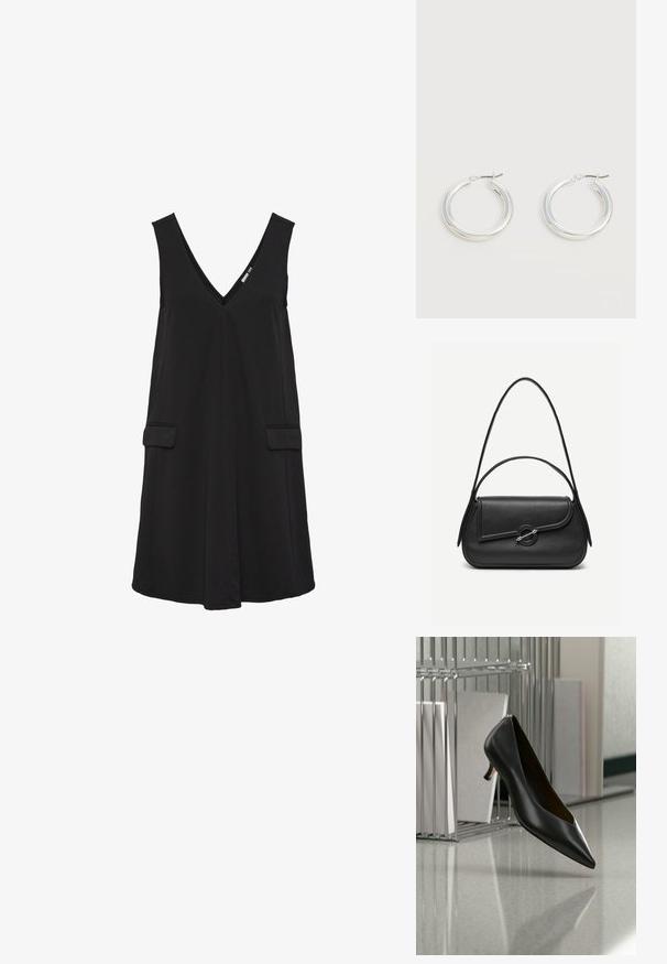 Schwarzes, ärmelloses V-Ausschnittkleid mit vorderen Klappentaschen und A-Linien-Silhouette.; Schwarzer Leder-Kitten-Heel-Schuh mit spitz zulaufender Spitze, der über einem grau gesprenkelten Boden schwebt, neben einem Metall-Ordnerhalter mit Ordnern.; Schwarze Lederhandtasche mit abgerundeten Kanten, asymmetrischem Überschlag, metallfarbenem runden Verschluss und kurzen sowie langen Schulterriemen.; Paar mittelgroße glänzende silberne Hoop-Ohrringe mit dünnen Metallverschlüssen auf hellem neutralem Hintergrund.