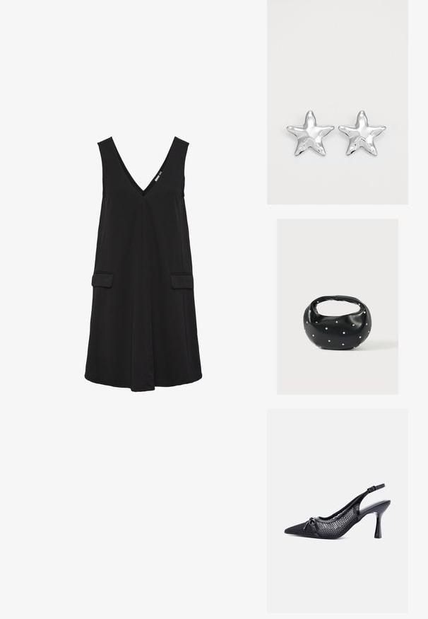 Vestido negro sin mangas con escote en V, bolsillos delanteros de solapa y silueta en A.; Zapato de tacón alto slingback negro de punta fina con patrón de panal de malla y pequeño lazo decorativo en la parte frontal.; Bolso de mano de cuero negro con forma redondeada, decorado con detalles de tachuelas plateadas y un asa corta. Textura lisa y cierre con cremallera.; Pendientes en forma de estrella plateada con una superficie pulida y brillante. Cada pendiente presenta cinco puntas y sutiles detalles de textura en la superficie.