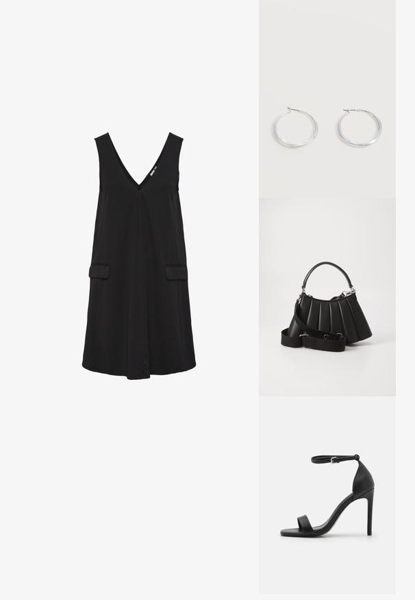 Schwarzes, ärmelloses V-Ausschnittkleid mit vorderen Klappentaschen und A-Linien-Silhouette.; Schwarze hochhackige Sandale mit elegantem Design, featuring einem Knöchelriemen, offener Zehenpartie und glattem Lederfinish.; Schwarze, gefaltete Handtasche mit einem runden Griff, verstellbarem Schulterriemen und glänzender Textur. Verfügt über silberne Hardware und eine strukturierte Silhouette.; Silberne Metallcreolen mit glatter, leicht gebogener Oberfläche und Klappverschluss vor schlicht weißem Hintergrund.