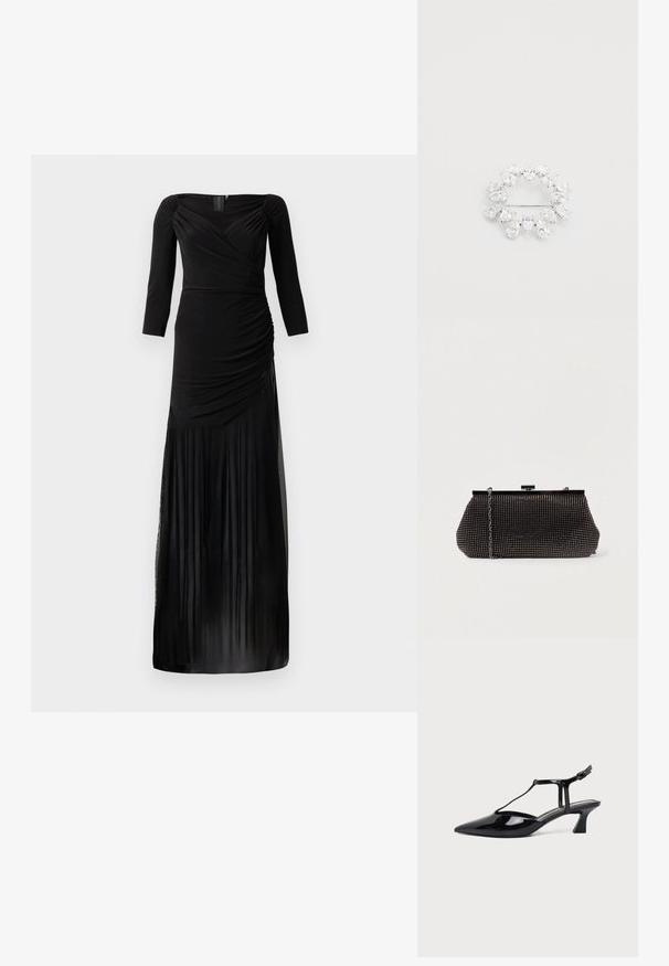 Robe noire à manches longues avec un corsage ajusté, des détails froncés et une jupe fluide avec des empiècements en tulle transparent à l'ourlet.; Chaussure slingback en cuir verni noir à bout pointu avec bride en T et petit talon bloc incliné sur fond blanc.; Pochette noire en mesh avec une silhouette structurée, ornée de petits clous métalliques, dotée d'une fermeture à clip et d'une bandoulière en chaîne détachable.; Broche circulaire avec plusieurs cristaux en forme de poire transparents, montés sur une base en métal argenté, dotée d'une attache épingle à l'arrière.