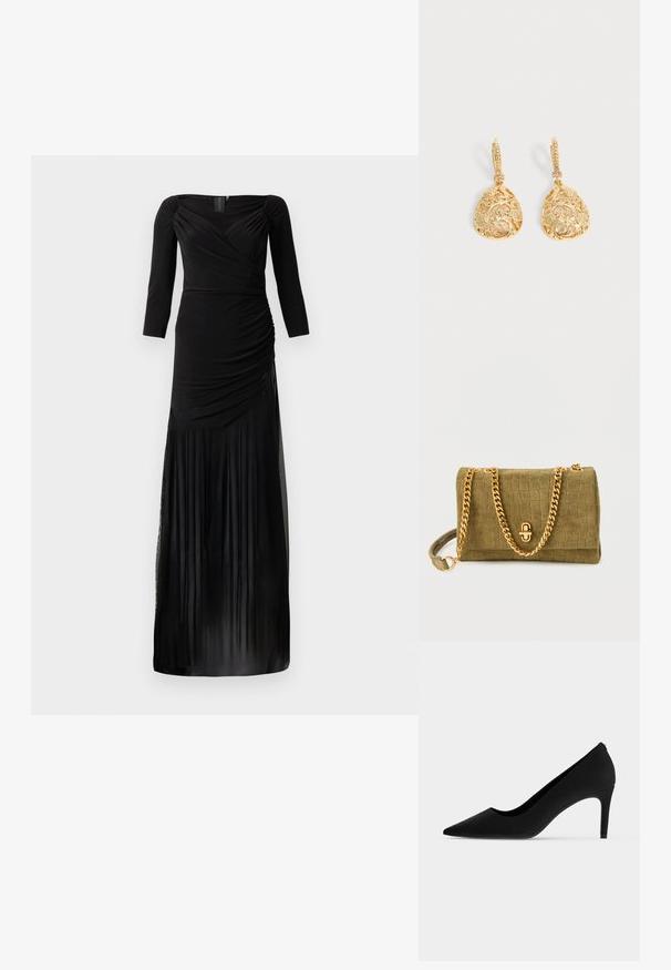 Vestido negro de manga larga con corpiño ajustado, detalles fruncidos y falda fluida con paneles translúcidos en el dobladillo.; Zapato de tacón alto negro con punta en pico, tacón delgado y acabado mate suave, mostrado de perfil sobre un fondo blanco.; Bolso texturizado verde oliva con cadena y cierre en tono dorado, de forma rectangular, apoyado sobre un fondo blanco.; Par de pendientes colgantes en tono dorado con un diseño intrincado de filigrana floral y en espiral, y pequeñas piedras transparentes en cierres de palanca.