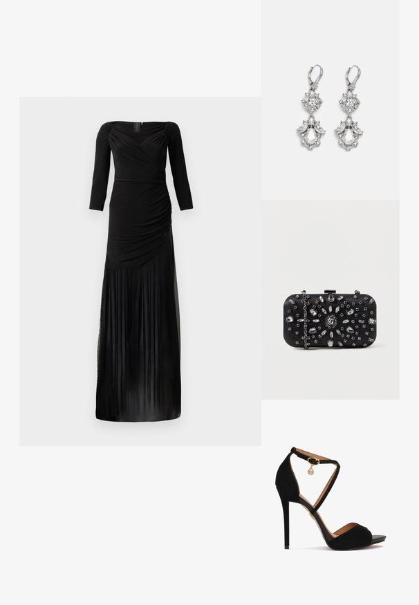 Robe noire à manches longues avec un corsage ajusté, des détails froncés et une jupe fluide avec des empiècements en tulle transparent à l'ourlet.; Sandale à talon haut en suede noir avec des sangles croisées à la cheville, accessoires en or, design à bout ouvert et semelle intérieure en cuir lisse.; Pochette noire de forme rectangulaire, ornée de divers strass disposés en motifs floraux, dotée d'une chaîne en argent pour le transport.; Boucles d'oreilles en métal argenté ornées de plusieurs pierres précieuses en cristal transparent en forme de goutte et de marquise, avec des fermoirs à levier et des détails complexes.