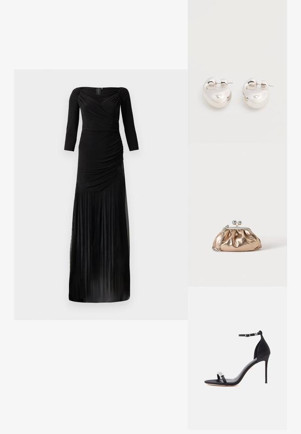 Robe noire à manches longues avec un corsage ajusté, des détails froncés et une jupe fluide avec des empiècements en tulle transparent à l'ourlet.; Sandale à talon haut en satin noir avec une sangle fine, une boucle à la cheville et un accent décoratif en strass sur la bride avant.; Petit sac pochette métallique dorée avec fermoir argenté et chaîne sur un fond clair uni.; Paire de boucles d'oreilles argentées brillantes et épaisses avec fermoirs à tige, sur fond blanc uni.